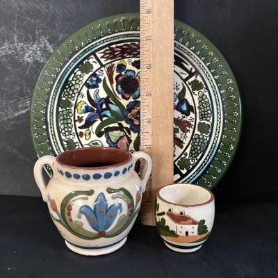 LOT 313: Wooden & Ceramic Apothecary/Spice Cabinet, Hecho En Mexico Pottery Hen Planter, Pottery, Devon Motto Ware Egg Cup & More