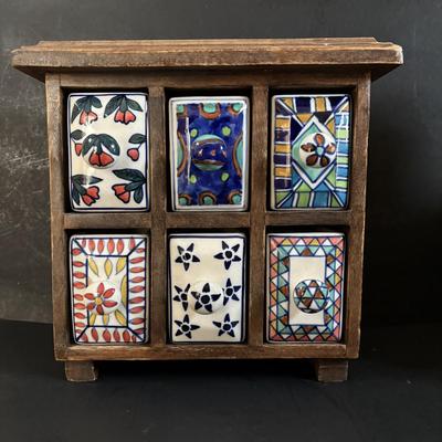 LOT 313: Wooden & Ceramic Apothecary/Spice Cabinet, Hecho En Mexico Pottery Hen Planter, Pottery, Devon Motto Ware Egg Cup & More