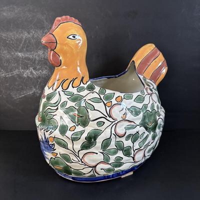 LOT 313: Wooden & Ceramic Apothecary/Spice Cabinet, Hecho En Mexico Pottery Hen Planter, Pottery, Devon Motto Ware Egg Cup & More