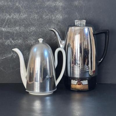 LOT 316: Hoffritz Knives w/Magnetic Board, Universal Coffeematic Electric Percolator, Porcelain & Stainless-Steel Teapot, Vintage...