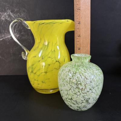 LOT 317: Art Glass Yellow Pitcher & Green Confetti Bud Vase, Delicate Glass Candlestick w/a hint of Yellow, LE Smith Flower Basket,...