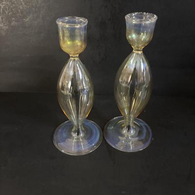 LOT 317: Art Glass Yellow Pitcher & Green Confetti Bud Vase, Delicate Glass Candlestick w/a hint of Yellow, LE Smith Flower Basket,...