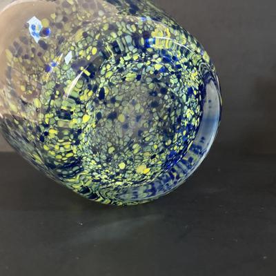 LOT 317: Art Glass Yellow Pitcher & Green Confetti Bud Vase, Delicate Glass Candlestick w/a hint of Yellow, LE Smith Flower Basket,...