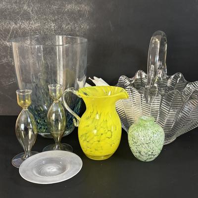 LOT 317: Art Glass Yellow Pitcher & Green Confetti Bud Vase, Delicate Glass Candlestick w/a hint of Yellow, LE Smith Flower Basket,...