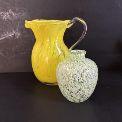 LOT 317: Art Glass Yellow Pitcher & Green Confetti Bud Vase, Delicate Glass Candlestick w/a hint of Yellow, LE Smith Flower Basket,...
