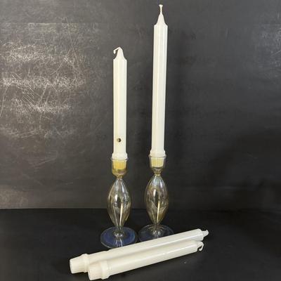 LOT 317: Art Glass Yellow Pitcher & Green Confetti Bud Vase, Delicate Glass Candlestick w/a hint of Yellow, LE Smith Flower Basket,...