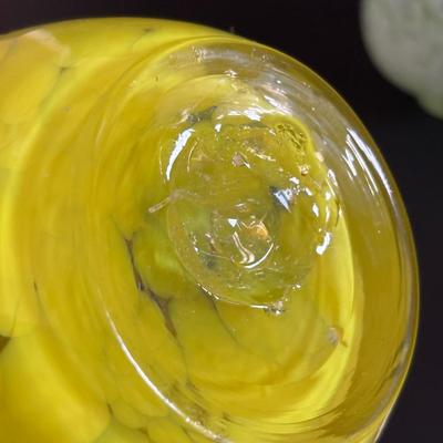 LOT 317: Art Glass Yellow Pitcher & Green Confetti Bud Vase, Delicate Glass Candlestick w/a hint of Yellow, LE Smith Flower Basket,...