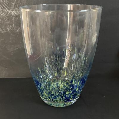 LOT 317: Art Glass Yellow Pitcher & Green Confetti Bud Vase, Delicate Glass Candlestick w/a hint of Yellow, LE Smith Flower Basket,...