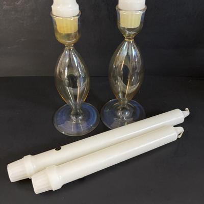 LOT 317: Art Glass Yellow Pitcher & Green Confetti Bud Vase, Delicate Glass Candlestick w/a hint of Yellow, LE Smith Flower Basket,...