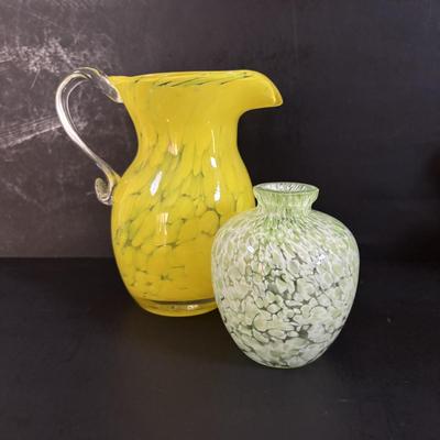LOT 317: Art Glass Yellow Pitcher & Green Confetti Bud Vase, Delicate Glass Candlestick w/a hint of Yellow, LE Smith Flower Basket,...