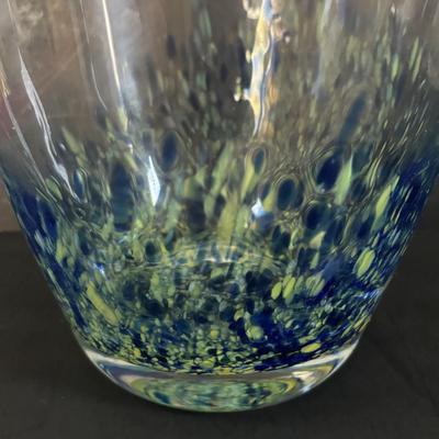 LOT 317: Art Glass Yellow Pitcher & Green Confetti Bud Vase, Delicate Glass Candlestick w/a hint of Yellow, LE Smith Flower Basket,...