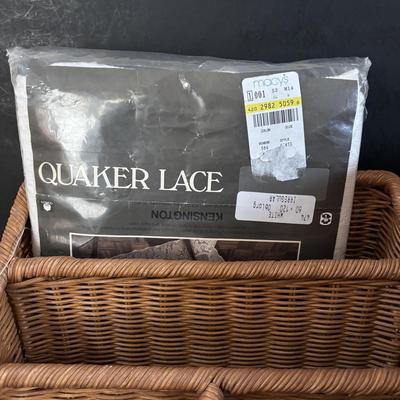 LOT 318: Keurig Model B30, Coffee Mugs, Candles, Quaker Lace Tablecloth & Organizing Basket