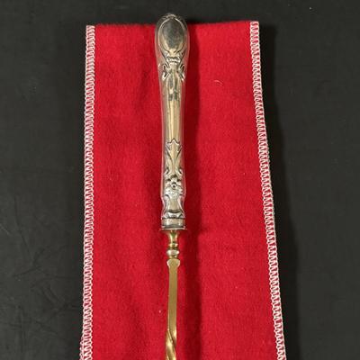LOT 320: Serving Collection: Oberglas Austria Knife Rest, Brass Butlers Crumb & Dustpan Set, Gorham Silverplate, Demitasse Spoons,...