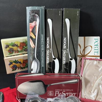 LOT 320: Serving Collection: Oberglas Austria Knife Rest, Brass Butlers Crumb & Dustpan Set, Gorham Silverplate, Demitasse Spoons,...