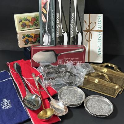 LOT 320: Serving Collection: Oberglas Austria Knife Rest, Brass Butlers Crumb & Dustpan Set, Gorham Silverplate, Demitasse Spoons,...