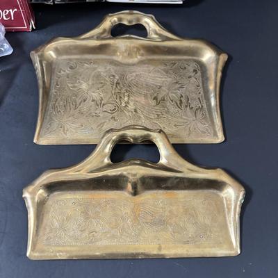 LOT 320: Serving Collection: Oberglas Austria Knife Rest, Brass Butlers Crumb & Dustpan Set, Gorham Silverplate, Demitasse Spoons,...