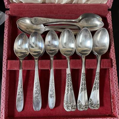 LOT 320: Serving Collection: Oberglas Austria Knife Rest, Brass Butlers Crumb & Dustpan Set, Gorham Silverplate, Demitasse Spoons,...