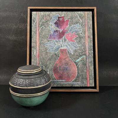 LOT 321: Hand-Made Paper Collage by Jean James "3 Roses" and Candone Wharton, Raku Art Studio Pottery Covered Vessel