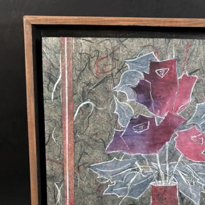 LOT 321: Hand-Made Paper Collage by Jean James "3 Roses" and Candone Wharton, Raku Art Studio Pottery Covered Vessel