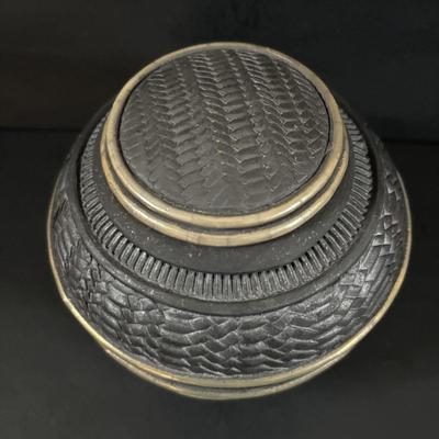 LOT 321: Hand-Made Paper Collage by Jean James "3 Roses" and Candone Wharton, Raku Art Studio Pottery Covered Vessel