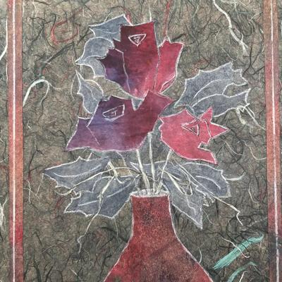 LOT 321: Hand-Made Paper Collage by Jean James "3 Roses" and Candone Wharton, Raku Art Studio Pottery Covered Vessel