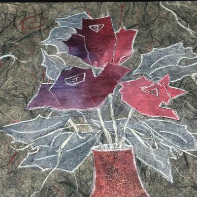 LOT 321: Hand-Made Paper Collage by Jean James "3 Roses" and Candone Wharton, Raku Art Studio Pottery Covered Vessel