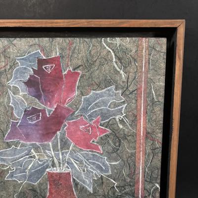 LOT 321: Hand-Made Paper Collage by Jean James "3 Roses" and Candone Wharton, Raku Art Studio Pottery Covered Vessel