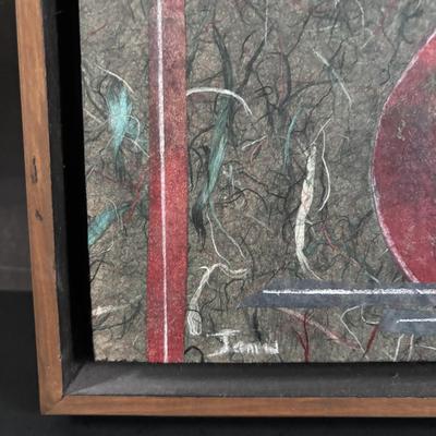 LOT 321: Hand-Made Paper Collage by Jean James "3 Roses" and Candone Wharton, Raku Art Studio Pottery Covered Vessel