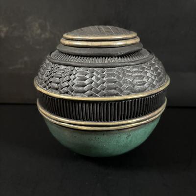 LOT 321: Hand-Made Paper Collage by Jean James "3 Roses" and Candone Wharton, Raku Art Studio Pottery Covered Vessel