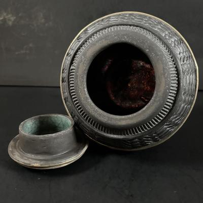 LOT 321: Hand-Made Paper Collage by Jean James "3 Roses" and Candone Wharton, Raku Art Studio Pottery Covered Vessel