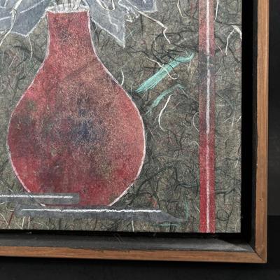 LOT 321: Hand-Made Paper Collage by Jean James "3 Roses" and Candone Wharton, Raku Art Studio Pottery Covered Vessel
