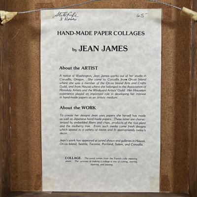 LOT 321: Hand-Made Paper Collage by Jean James "3 Roses" and Candone Wharton, Raku Art Studio Pottery Covered Vessel