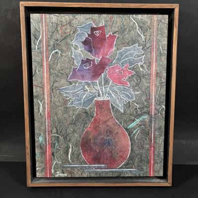 LOT 321: Hand-Made Paper Collage by Jean James "3 Roses" and Candone Wharton, Raku Art Studio Pottery Covered Vessel