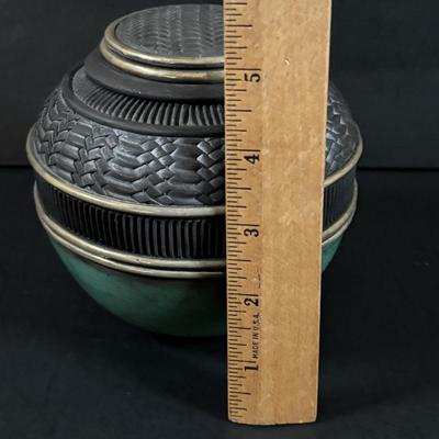 LOT 321: Hand-Made Paper Collage by Jean James "3 Roses" and Candone Wharton, Raku Art Studio Pottery Covered Vessel