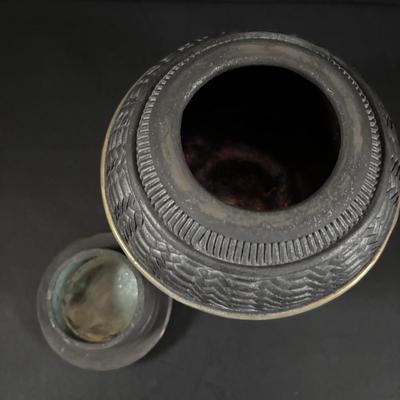 LOT 321: Hand-Made Paper Collage by Jean James "3 Roses" and Candone Wharton, Raku Art Studio Pottery Covered Vessel