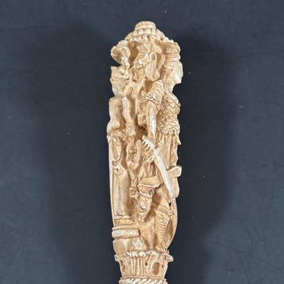 LOT 324: Inkstand w/Central Pump Inkwell & Open Inkwells to Either Side, Carved Roman Gothic Figural Magnifying Glass & Letter...