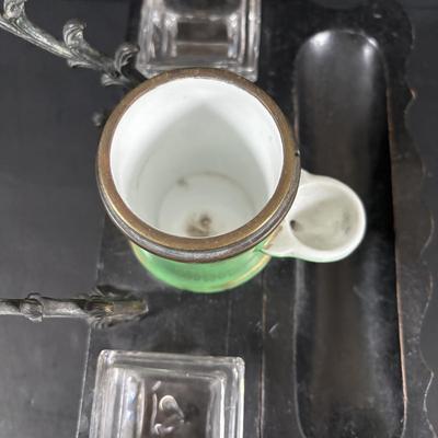 LOT 324: Inkstand w/Central Pump Inkwell & Open Inkwells to Either Side, Carved Roman Gothic Figural Magnifying Glass & Letter...