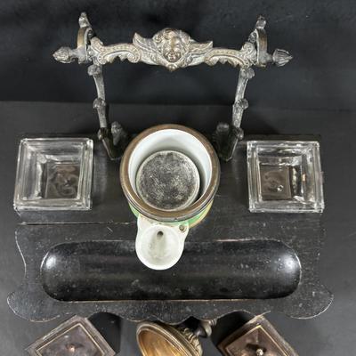 LOT 324: Inkstand w/Central Pump Inkwell & Open Inkwells to Either Side, Carved Roman Gothic Figural Magnifying Glass & Letter...