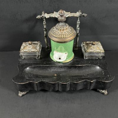 LOT 324: Inkstand w/Central Pump Inkwell & Open Inkwells to Either Side, Carved Roman Gothic Figural Magnifying Glass & Letter...