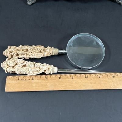 LOT 324: Inkstand w/Central Pump Inkwell & Open Inkwells to Either Side, Carved Roman Gothic Figural Magnifying Glass & Letter...