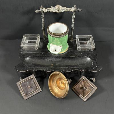 LOT 324: Inkstand w/Central Pump Inkwell & Open Inkwells to Either Side, Carved Roman Gothic Figural Magnifying Glass & Letter...