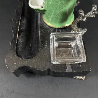 LOT 324: Inkstand w/Central Pump Inkwell & Open Inkwells to Either Side, Carved Roman Gothic Figural Magnifying Glass & Letter...