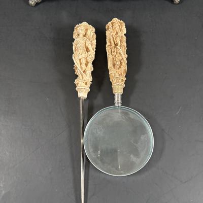 LOT 324: Inkstand w/Central Pump Inkwell & Open Inkwells to Either Side, Carved Roman Gothic Figural Magnifying Glass & Letter...