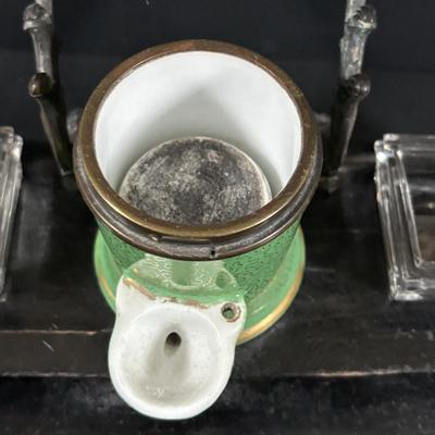 LOT 324: Inkstand w/Central Pump Inkwell & Open Inkwells to Either Side, Carved Roman Gothic Figural Magnifying Glass & Letter...