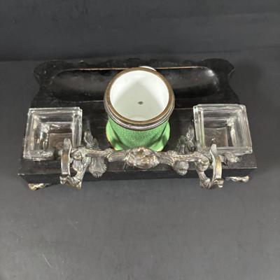 LOT 324: Inkstand w/Central Pump Inkwell & Open Inkwells to Either Side, Carved Roman Gothic Figural Magnifying Glass & Letter...