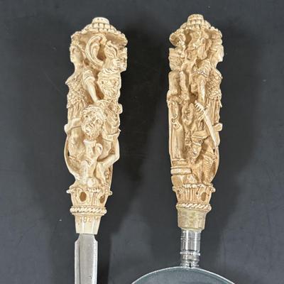 LOT 324: Inkstand w/Central Pump Inkwell & Open Inkwells to Either Side, Carved Roman Gothic Figural Magnifying Glass & Letter...