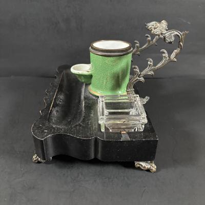 LOT 324: Inkstand w/Central Pump Inkwell & Open Inkwells to Either Side, Carved Roman Gothic Figural Magnifying Glass & Letter...