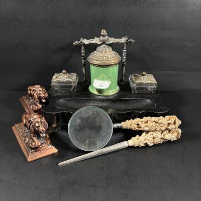 LOT 324: Inkstand w/Central Pump Inkwell & Open Inkwells to Either Side, Carved Roman Gothic Figural Magnifying Glass & Letter...