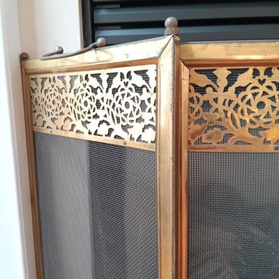 LOT 328: Vintage Brass and Cast Iron Andirons with Fireplace Screen