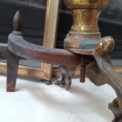 LOT 328: Vintage Brass and Cast Iron Andirons with Fireplace Screen